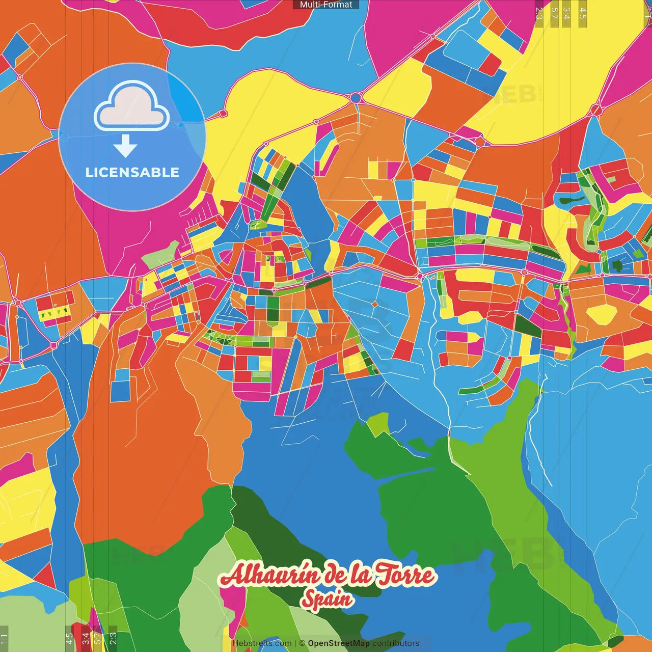 Alhaurín de la Torre, Málaga, Spain Crazy Colorful Street Map Poster Template