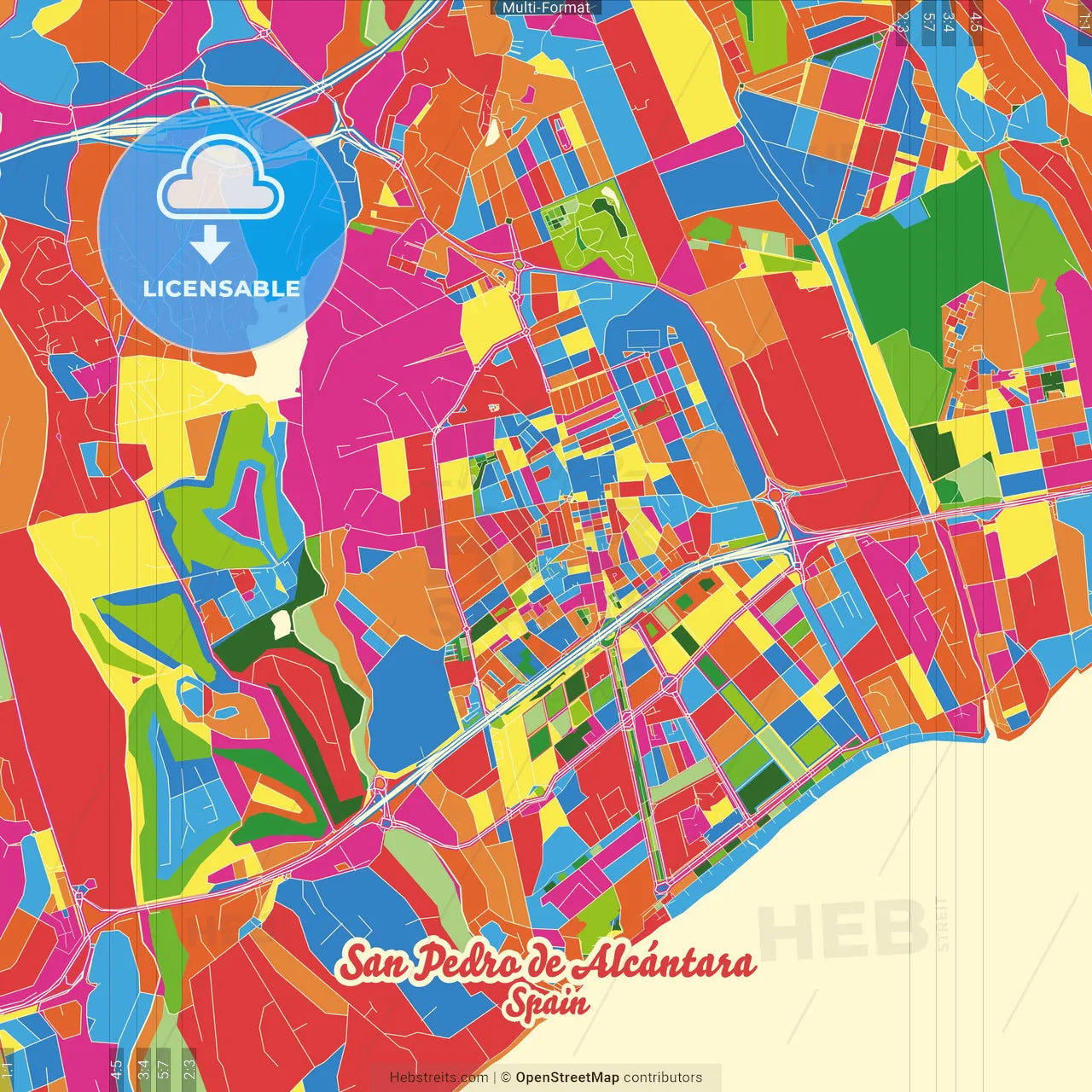 San Pedro de Alcántara, Málaga, Spain Crazy Colorful Street Map Poster Template