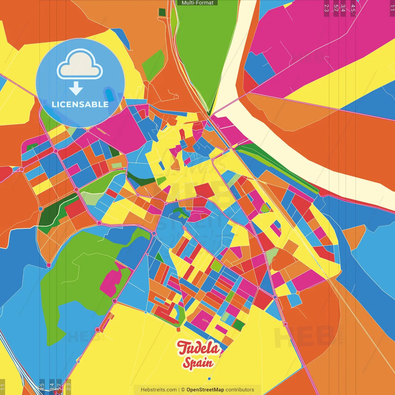 Tudela, Navarre, Spain Crazy Colorful Street Map Poster Template