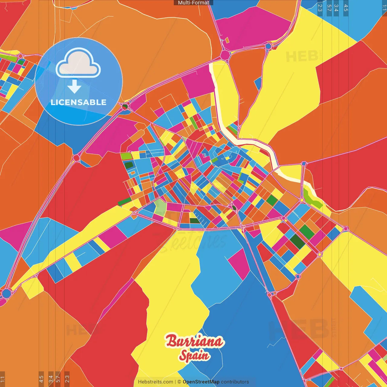 Burriana, Castellón, Spain Crazy Colorful Street Map Poster Template
