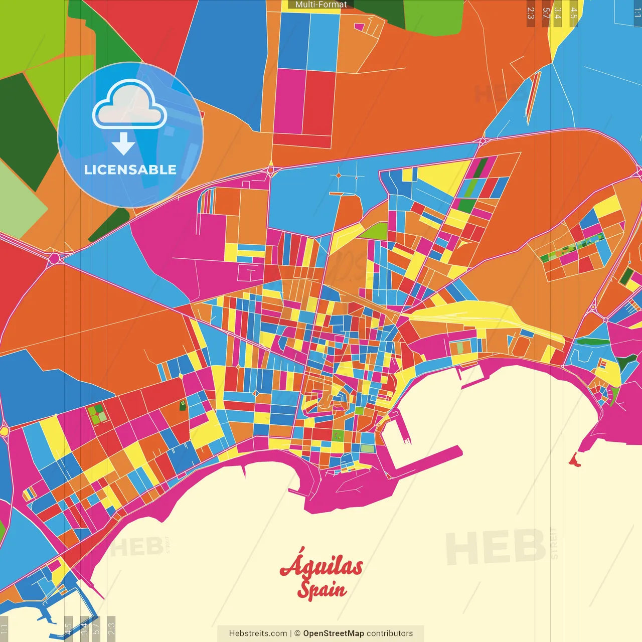 Águilas, Murcia, Spain Crazy Colorful Street Map Poster Template