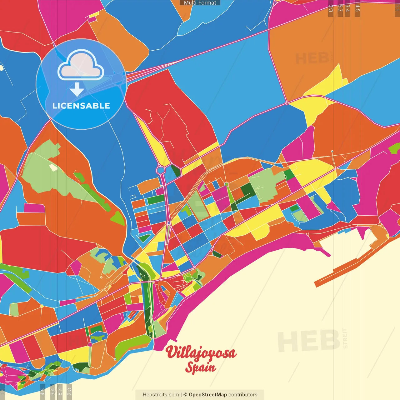 Villajoyosa, Alacant, Spain Crazy Colorful Street Map Poster Template