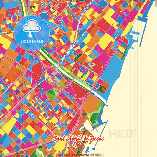 Sant Adrià de Besòs, Barcelona, Spain Crazy Colorful Street Map Poster Template