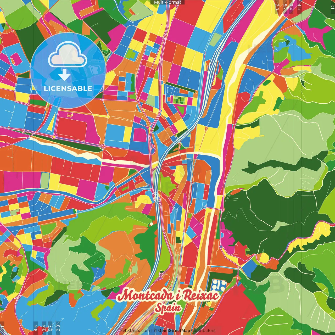 Montcada i Reixac, Barcelona, Spain Crazy Colorful Street Map Poster Template