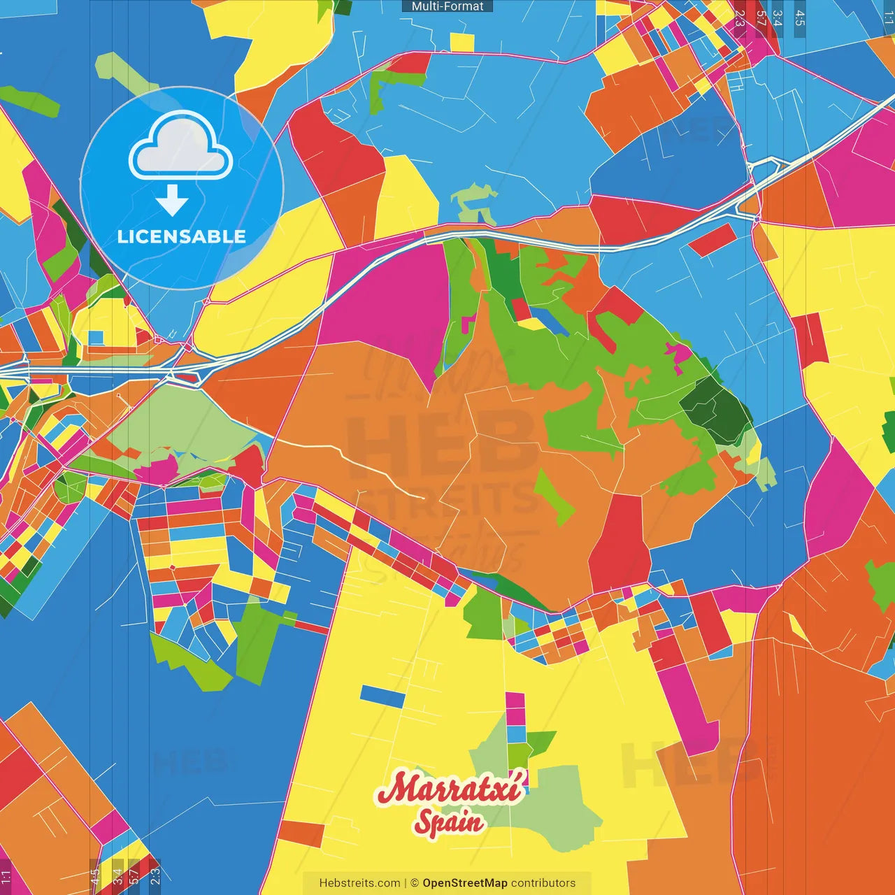 Marratxí, 7141, Spain Crazy Colorful Street Map Poster Template