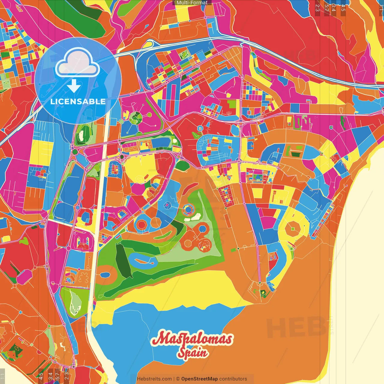 Maspalomas, Las Palmas, Spain Crazy Colorful Street Map Poster Template