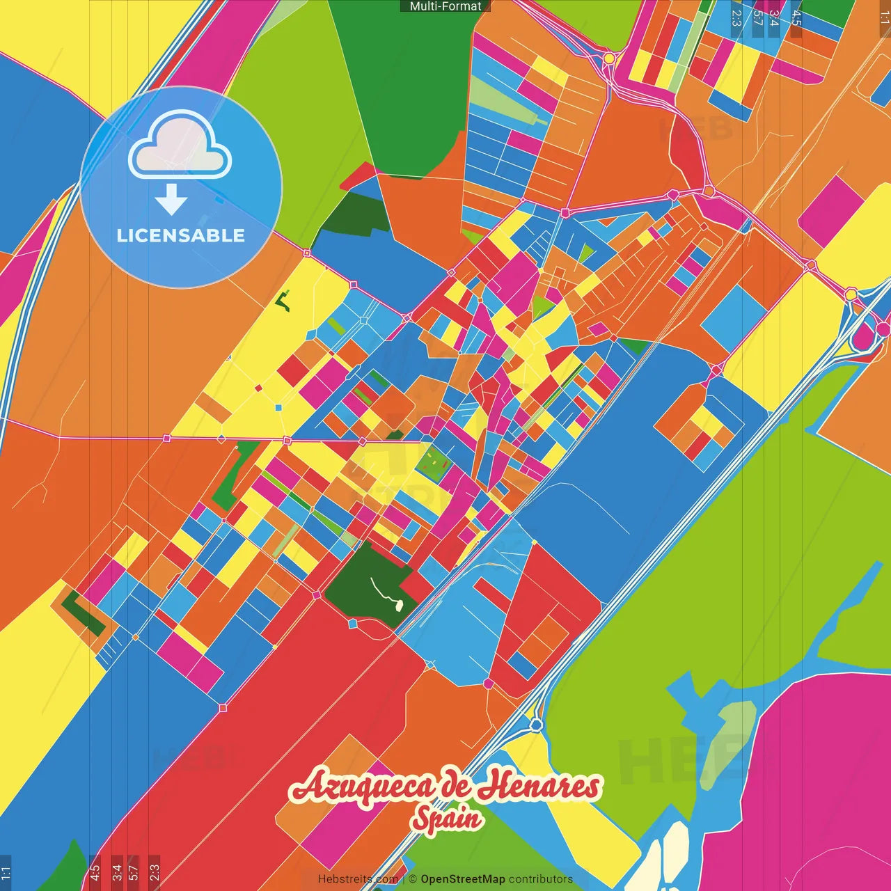 Azuqueca de Henares, Guadalajara, Spain Crazy Colorful Street Map Poster Template