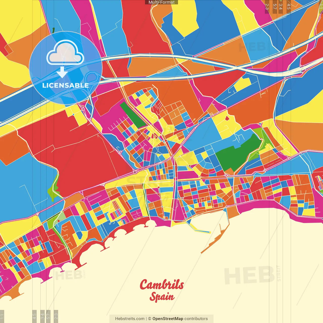 Cambrils, Tarragona, Spain Crazy Colorful Street Map Poster Template