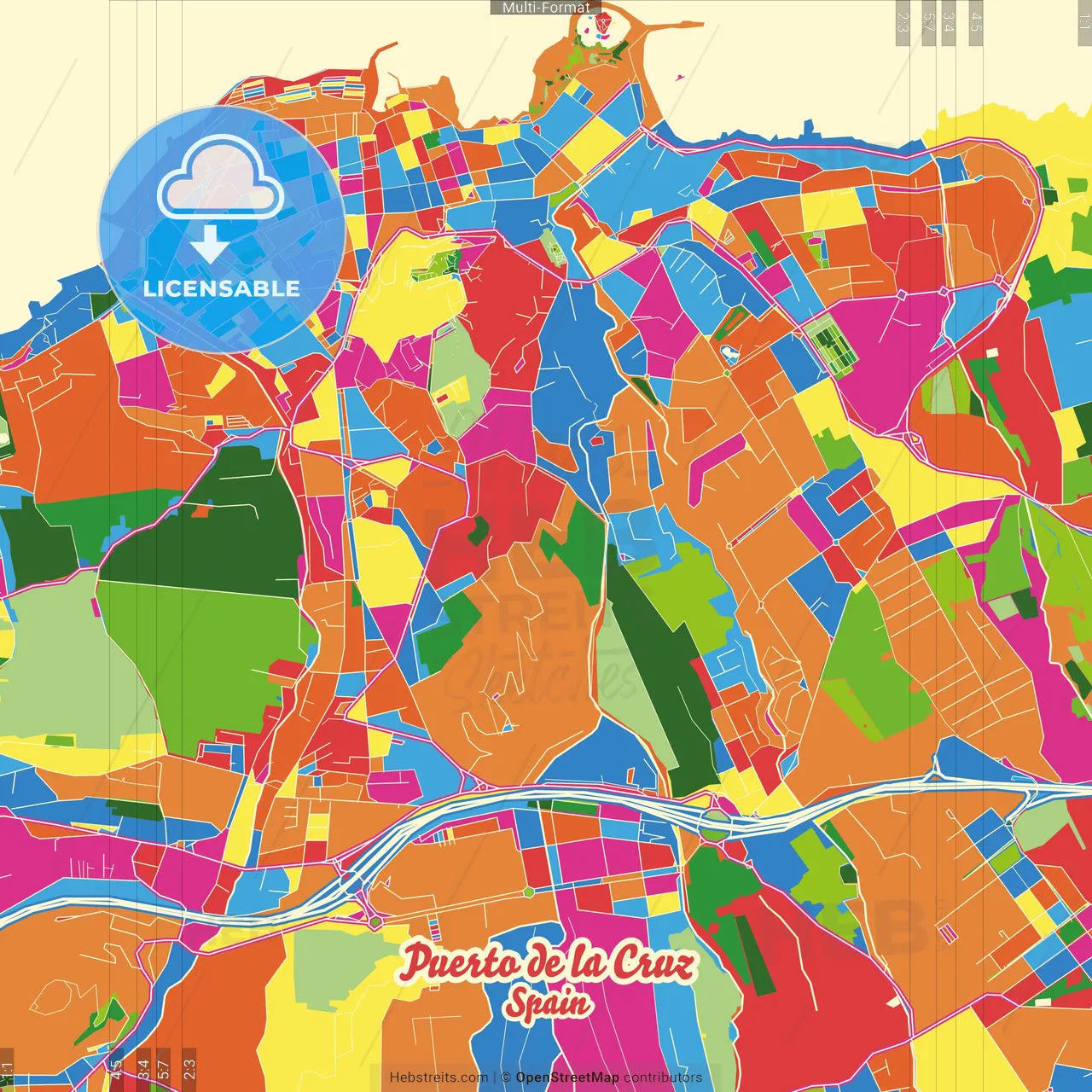 Puerto de la Cruz, Santa Cruz de Tenerife, Spain Crazy Colorful Street Map Poster Template