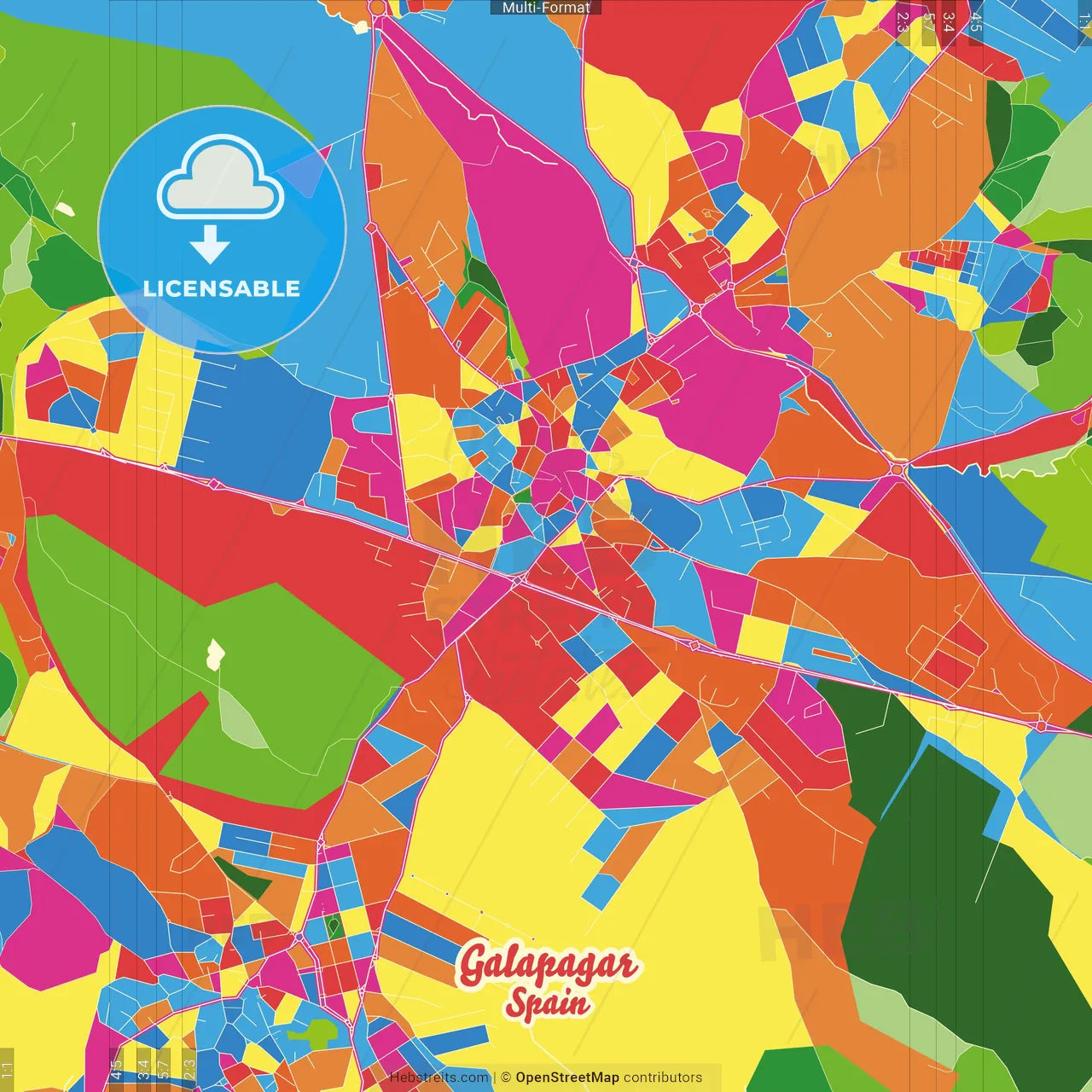 Galapagar, Madrid, Spain Crazy Colorful Street Map Poster Template