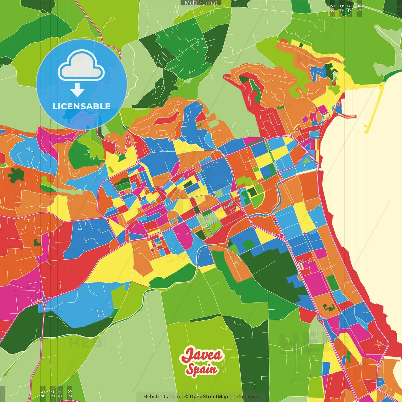 Javea, Alicante, Spain Crazy Colorful Street Map Poster Template