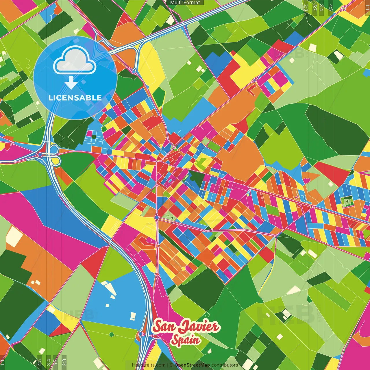 San Javier, Murcia, Spain Crazy Colorful Street Map Poster Template