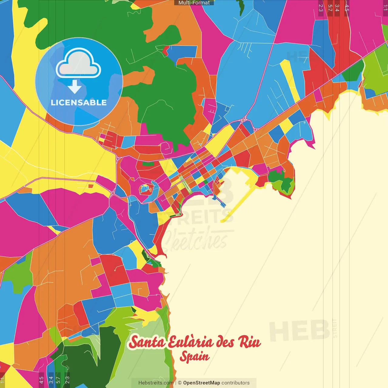 Santa Eulària des Riu, Balearic Islands, Spain Crazy Colorful Street Map Poster Template