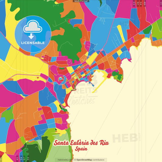 Santa Eulària des Riu, Balearic Islands, Spain Crazy Colorful Street Map Poster Template