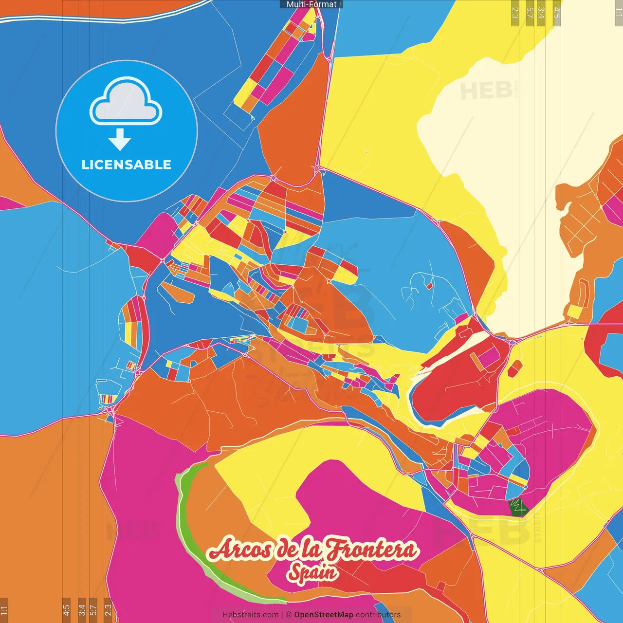 Arcos de la Frontera, Cádiz, Spain Crazy Colorful Street Map Poster Template