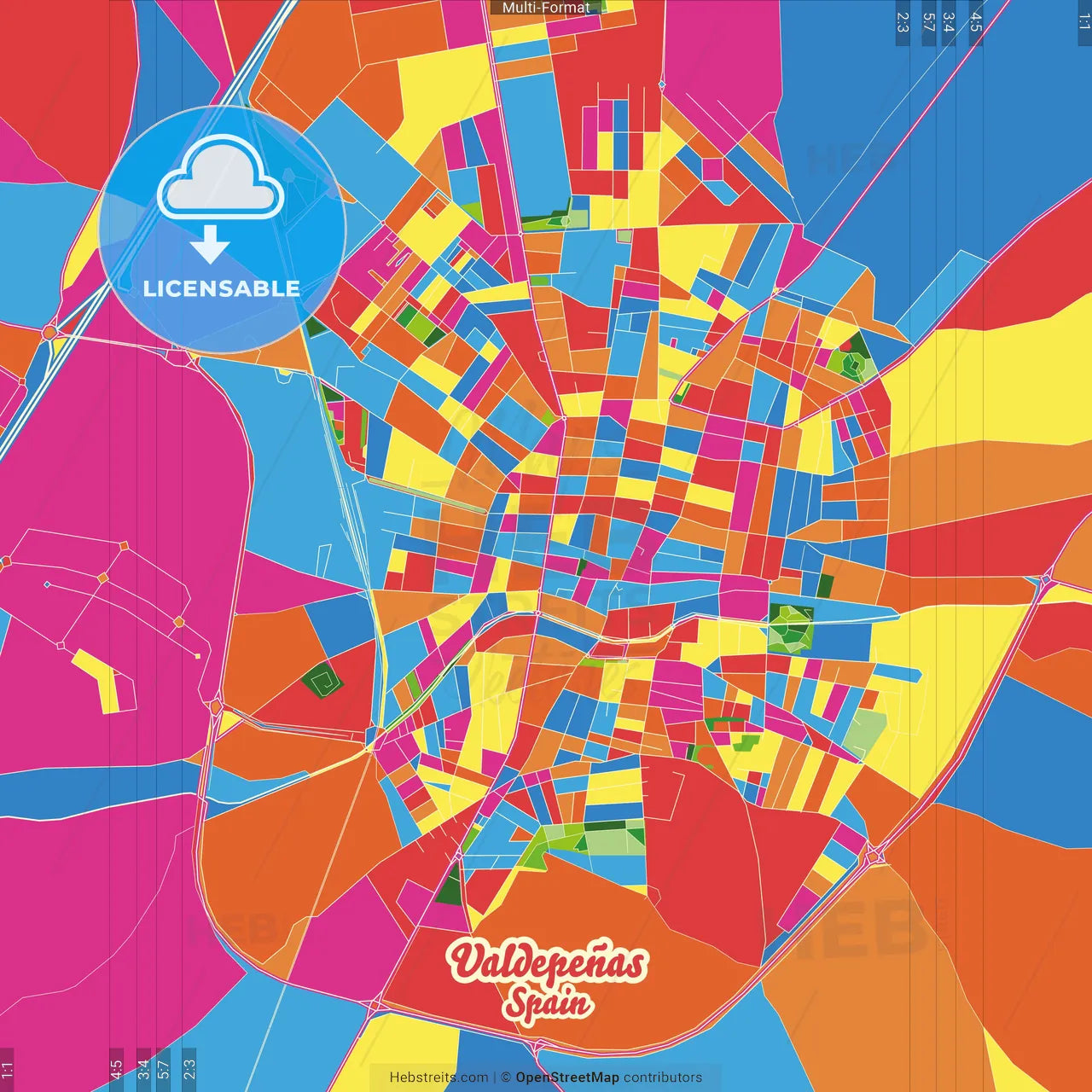 Valdepeñas, Ciudad Real, Spain Crazy Colorful Street Map Poster Template