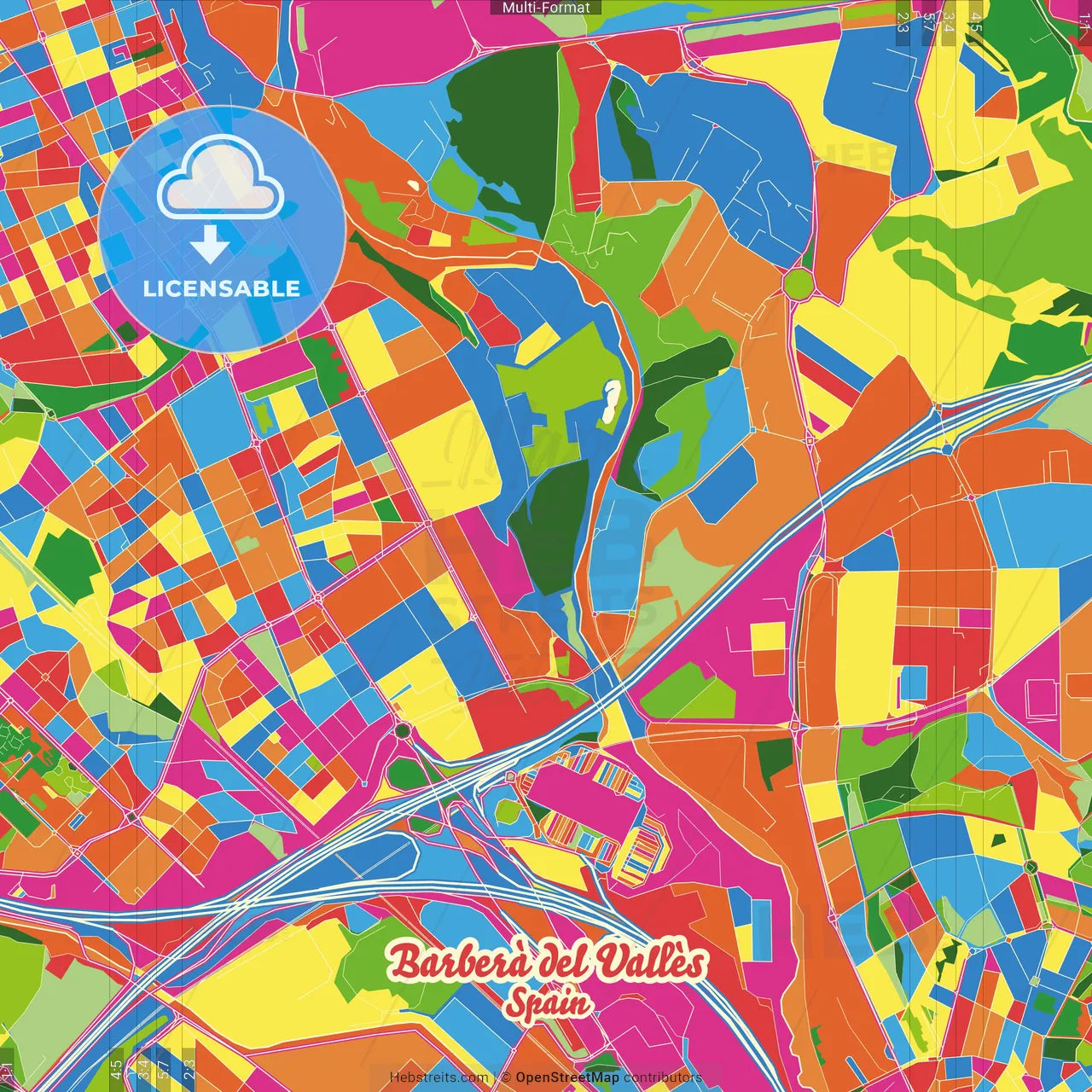 Barberà del Vallès, Barcelona, Spain Crazy Colorful Street Map Poster Template