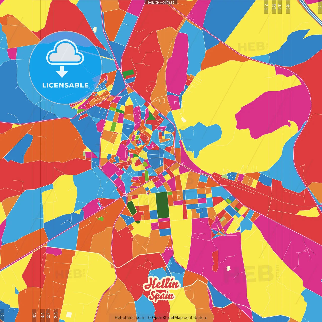 Hellín, Albacete, Spain Crazy Colorful Street Map Poster Template