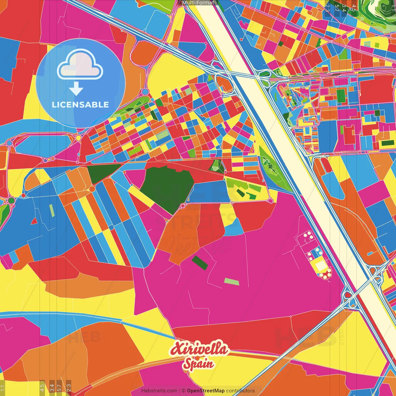 Xirivella, Valencia, Spain Crazy Colorful Street Map Poster Template