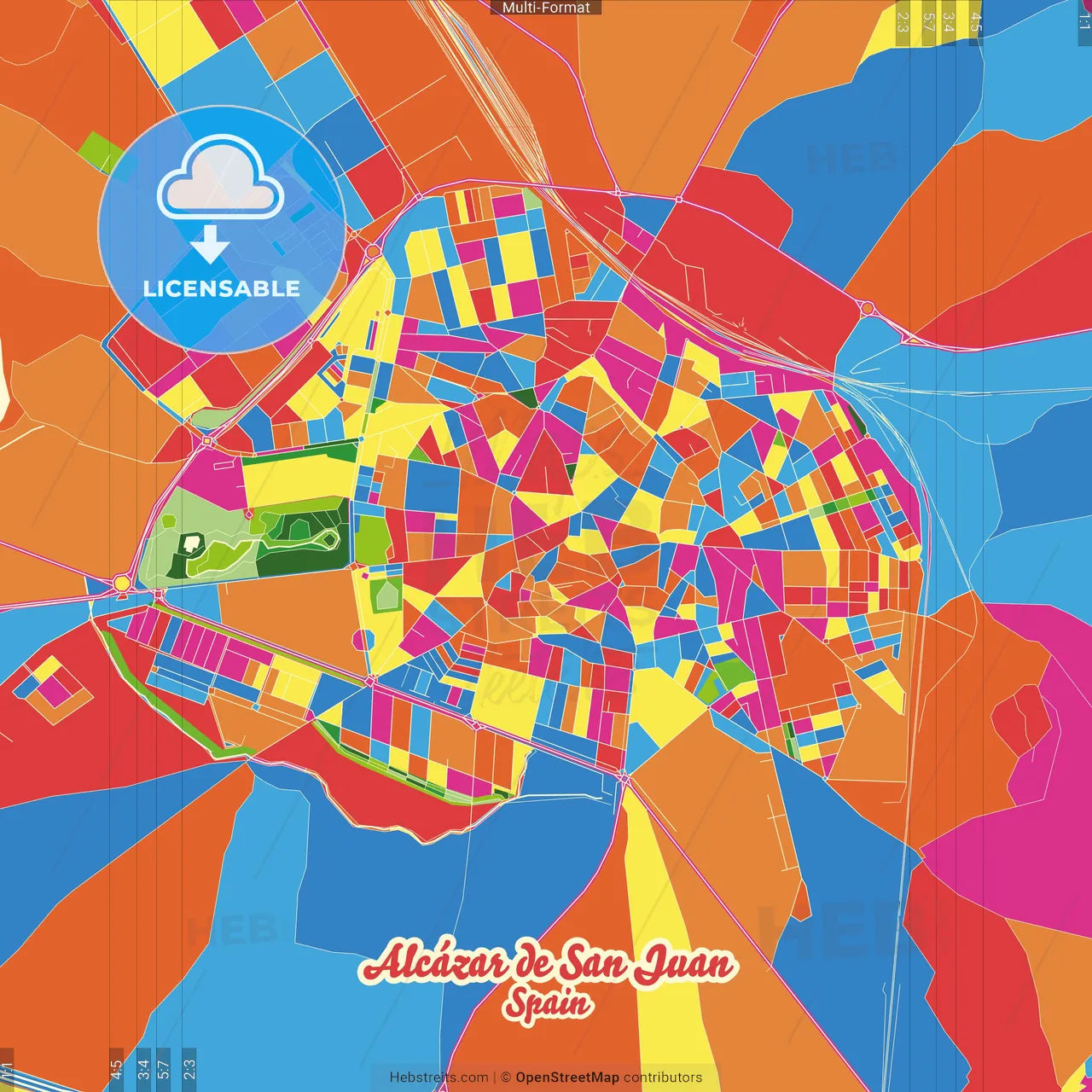 Alcázar de San Juan, Ciudad Real, Spain Crazy Colorful Street Map Poster Template