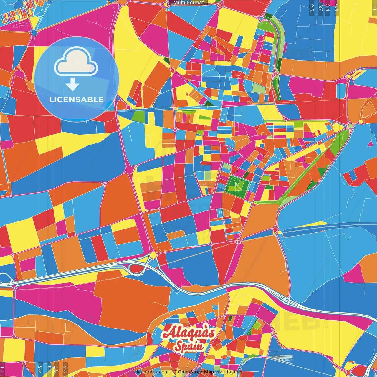 Alaquàs, 46970, Spain Crazy Colorful Street Map Poster Template