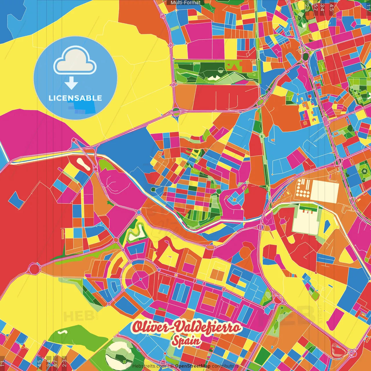 Oliver-Valdefierro, 50012 Zaragoza, Spain Crazy Colorful Street Map Poster Template