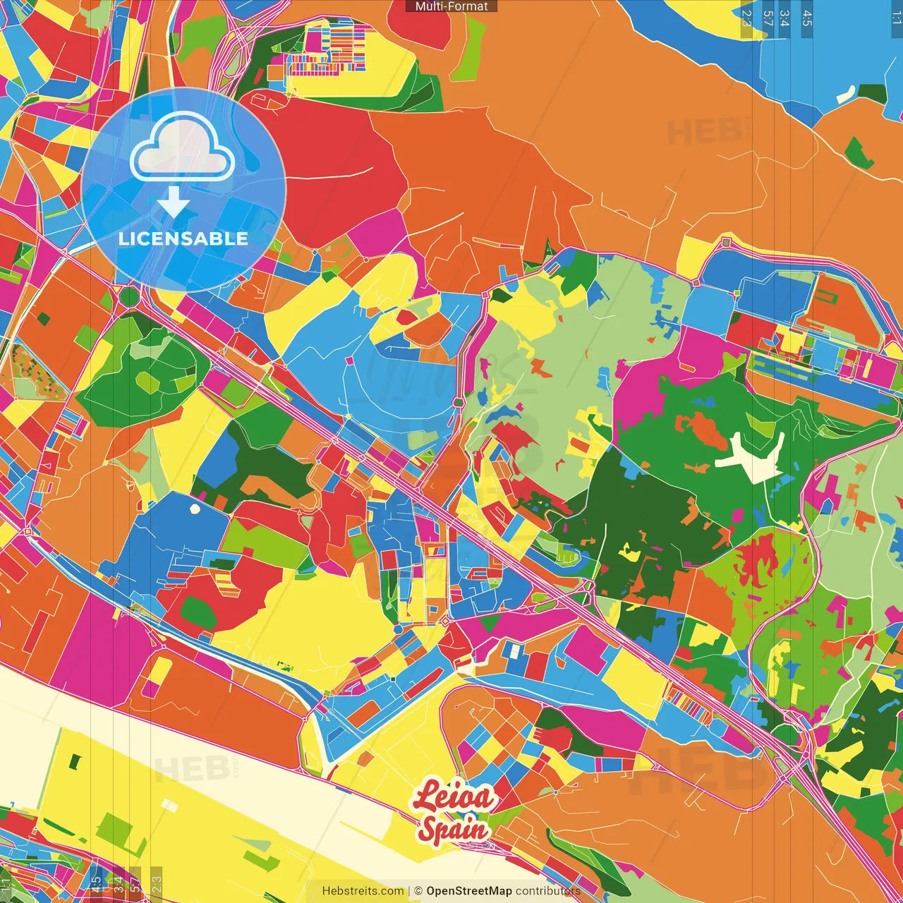 Leioa, Biscay, Spain Crazy Colorful Street Map Poster Template