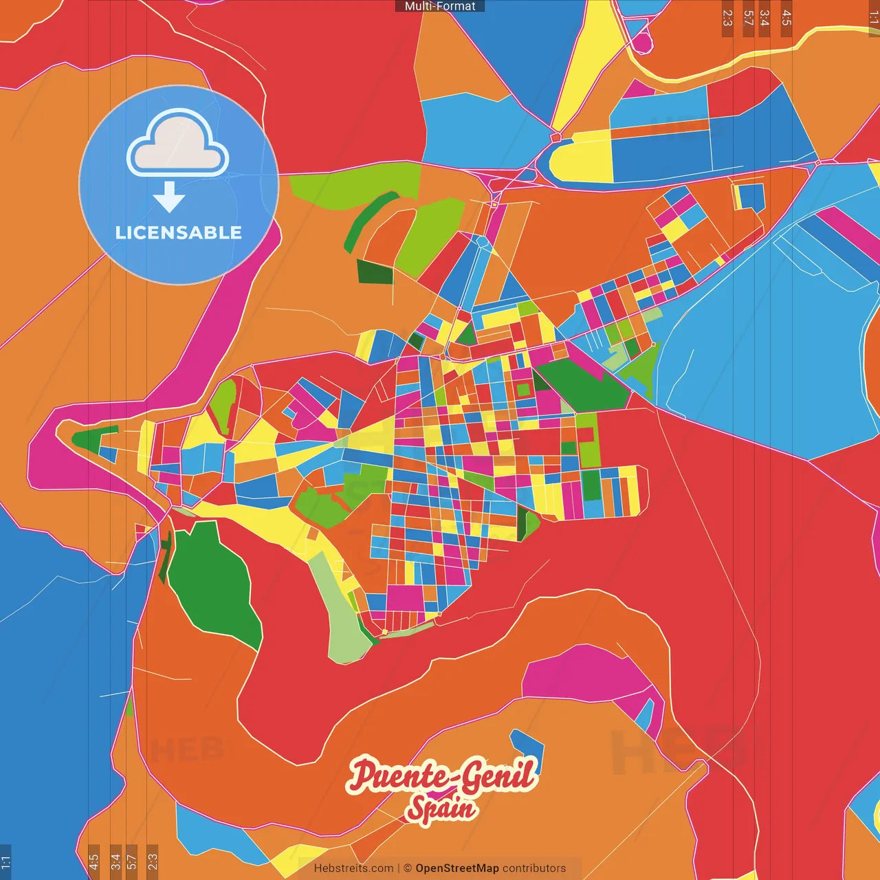 Puente-Genil, Córdoba, Spain Crazy Colorful Street Map Poster Template