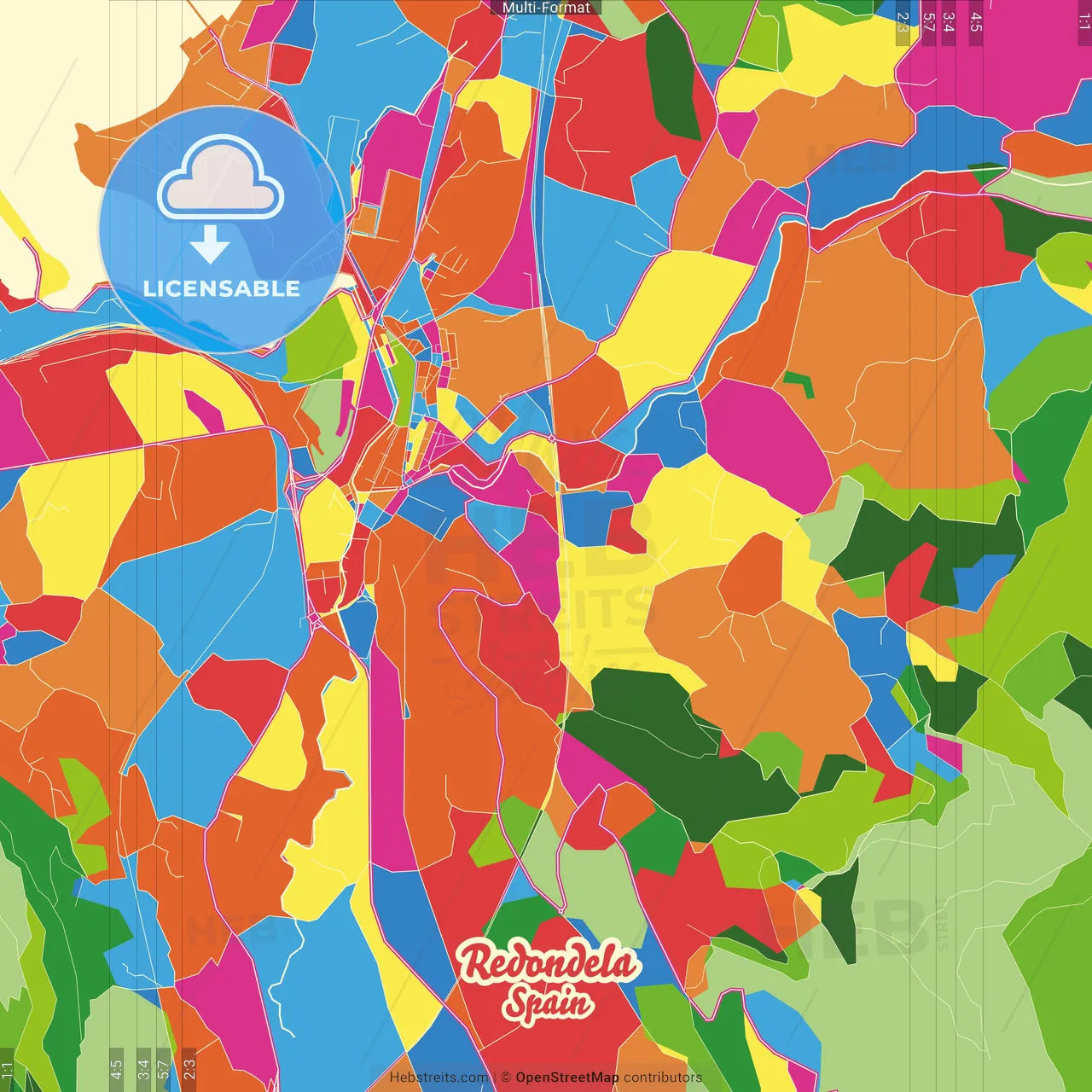 Redondela, Pontevedra, Spain Crazy Colorful Street Map Poster Template