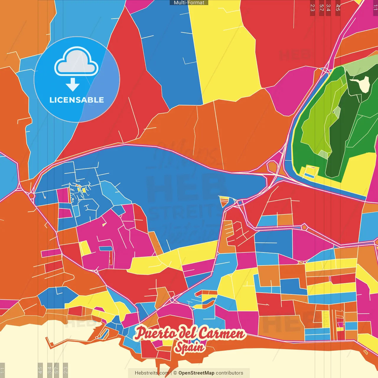 Puerto del Carmen, Las Palmas, Spain Crazy Colorful Street Map Poster Template