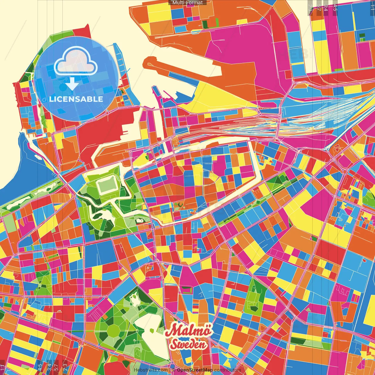 Malmö, Sweden Crazy Colorful Street Map Poster Template