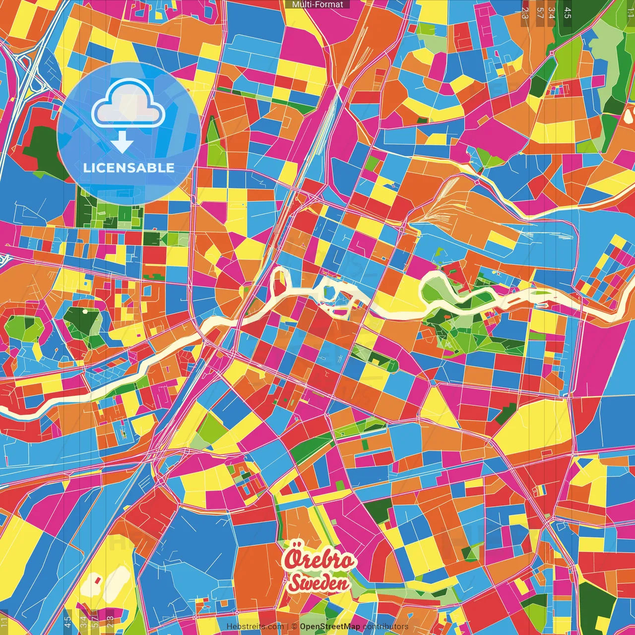 Örebro, Sweden Crazy Colorful Street Map Poster Template