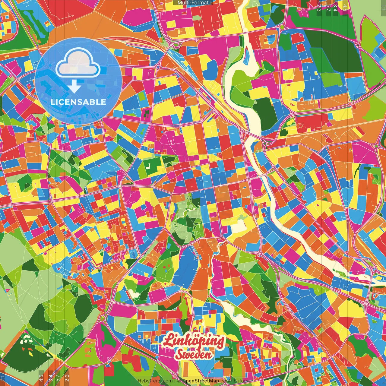 Linköping, Sweden Crazy Colorful Street Map Poster Template