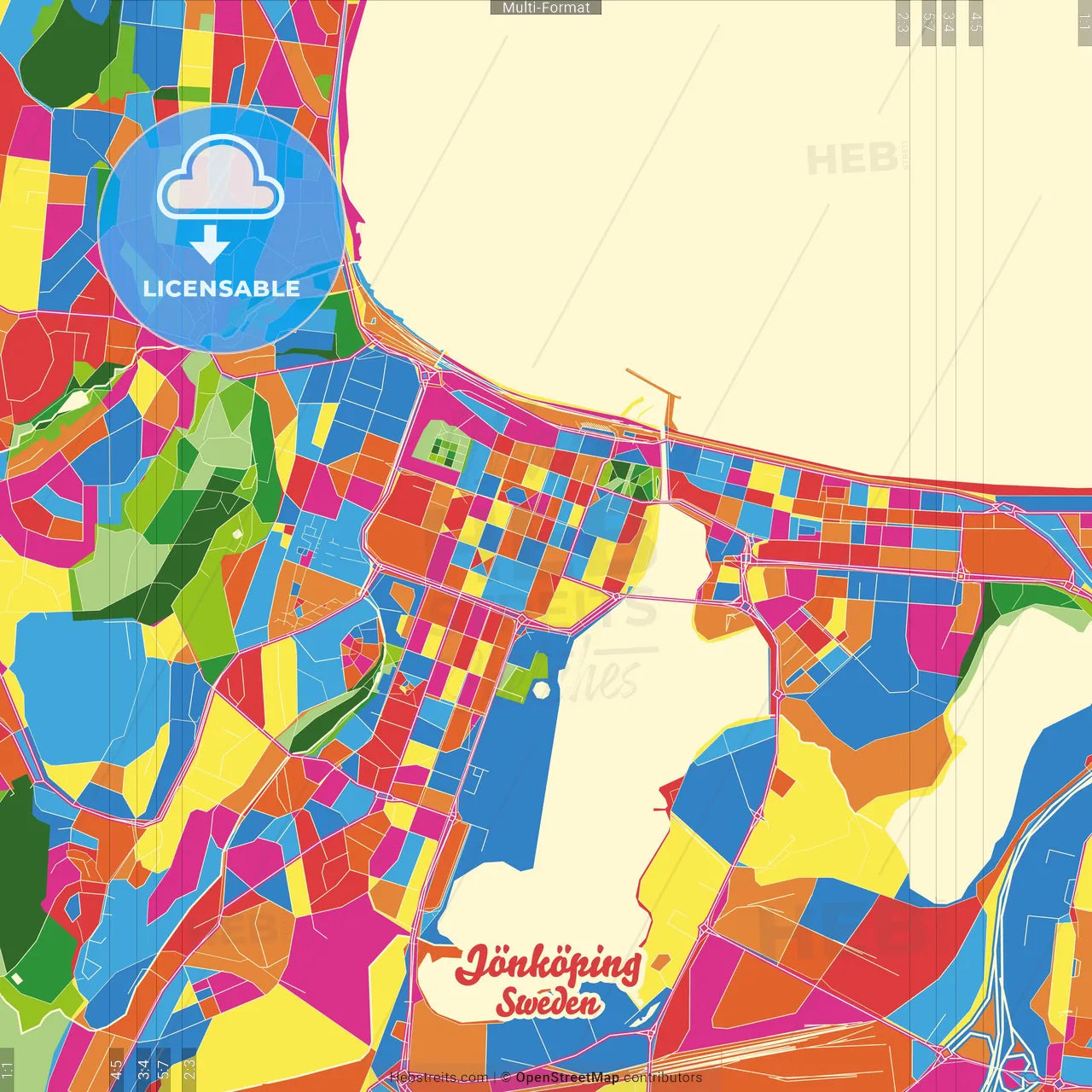 Jönköping, Sweden Crazy Colorful Street Map Poster Template