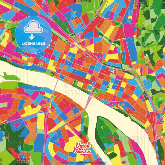 Umeå, Sweden Crazy Colorful Street Map Poster Template