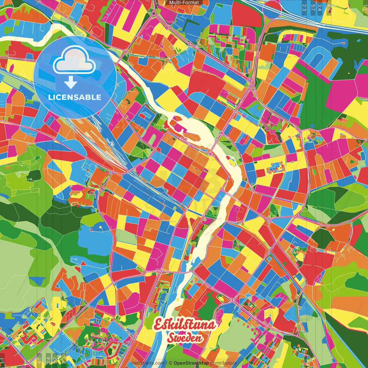 Eskilstuna, Sweden Crazy Colorful Street Map Poster Template