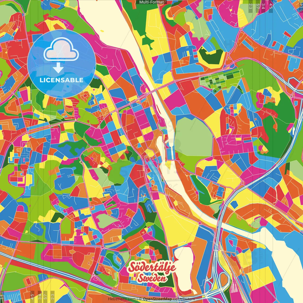 Södertälje, Sweden Crazy Colorful Street Map Poster Template