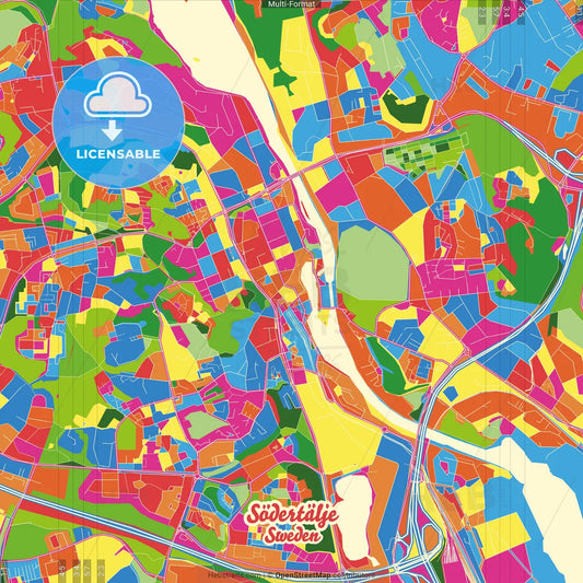 Södertälje, Sweden Crazy Colorful Street Map Poster Template