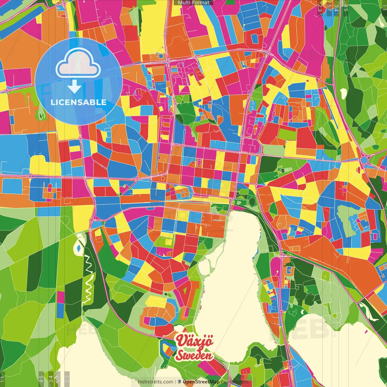 Växjö, Sweden Crazy Colorful Street Map Poster Template