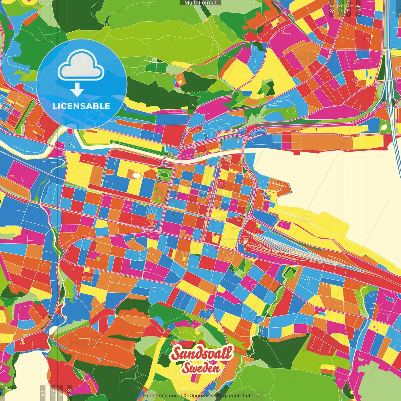 Sundsvall, Sweden Crazy Colorful Street Map Poster Template