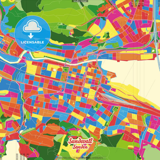 Sundsvall, Sweden Crazy Colorful Street Map Poster Template