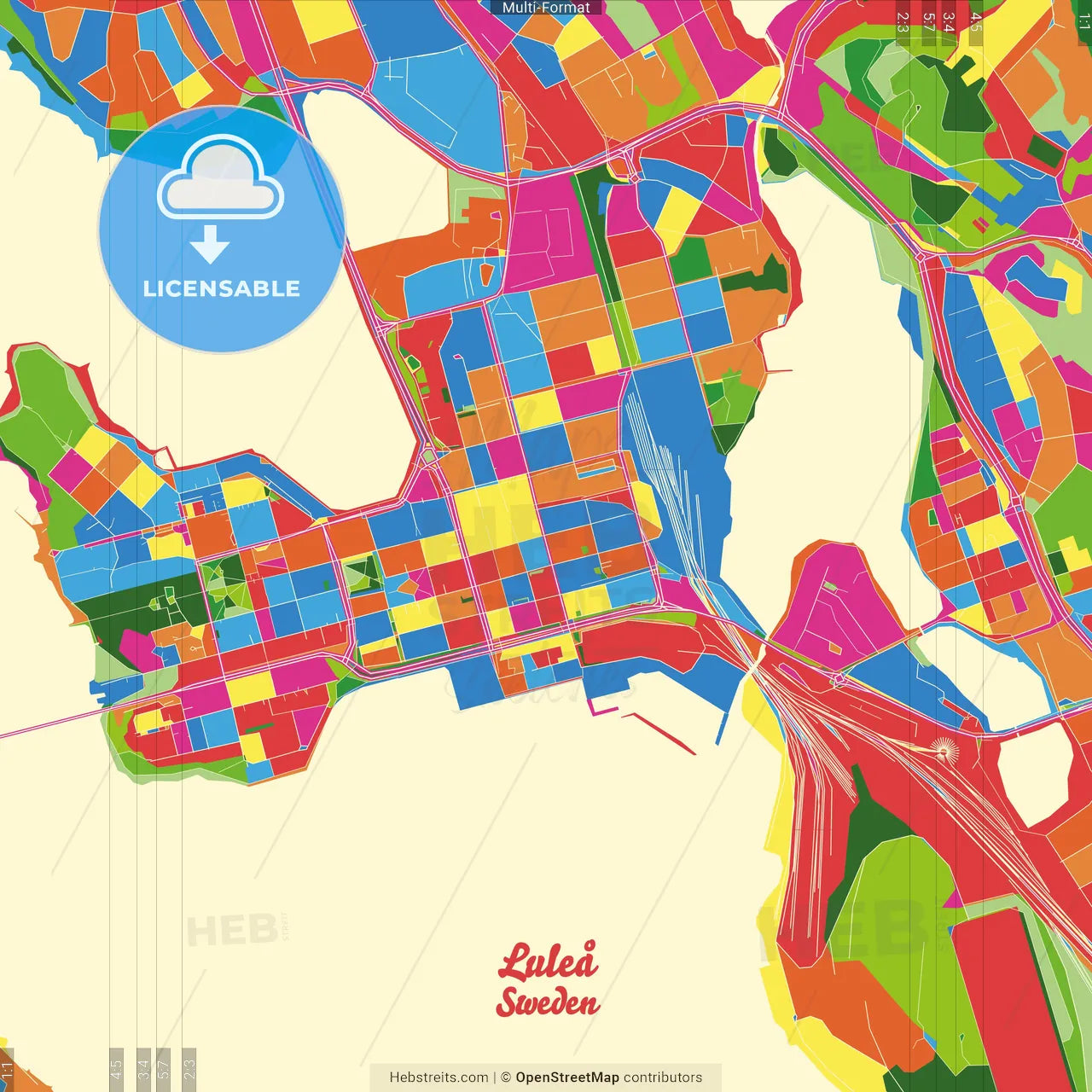 Luleå, Sweden Crazy Colorful Street Map Poster Template