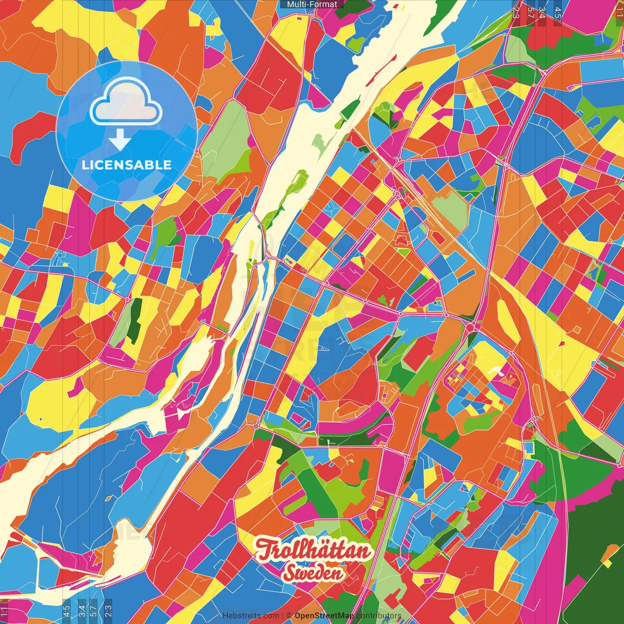 Trollhättan, Sweden Crazy Colorful Street Map Poster Template