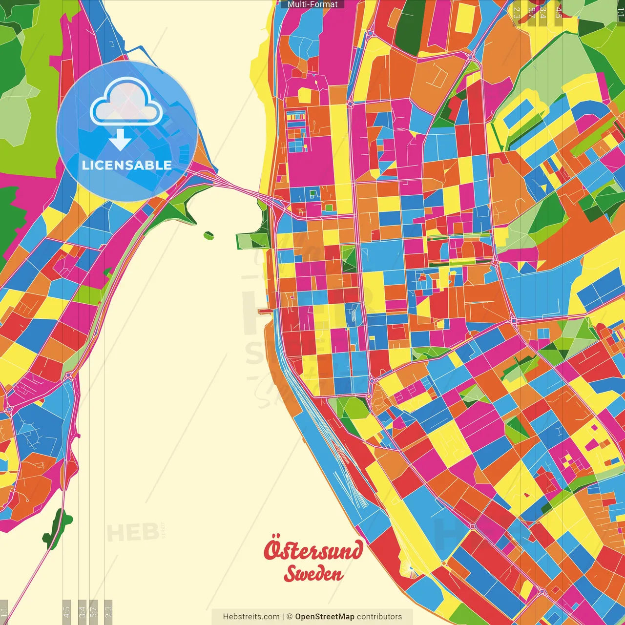 Östersund, Sweden Crazy Colorful Street Map Poster Template