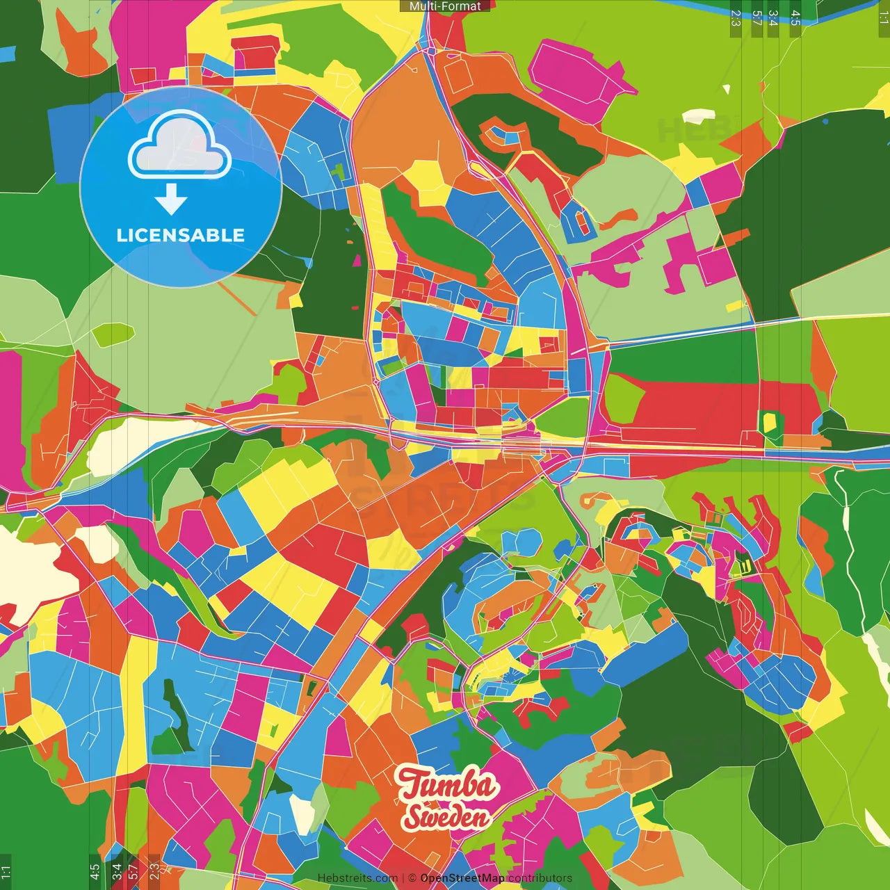 Tumba, Sweden Crazy Colorful Street Map Poster Template