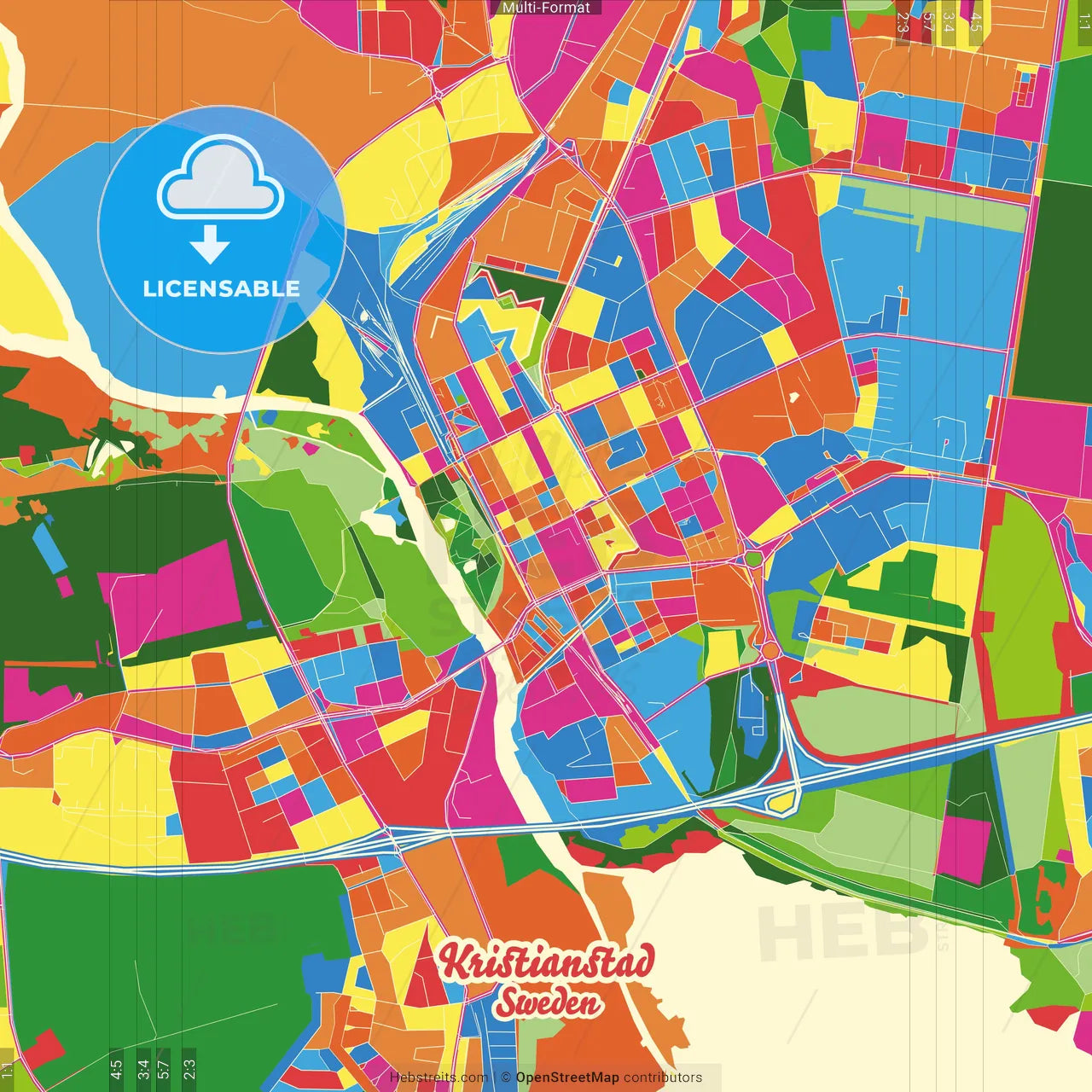 Kristianstad, Sweden Crazy Colorful Street Map Poster Template