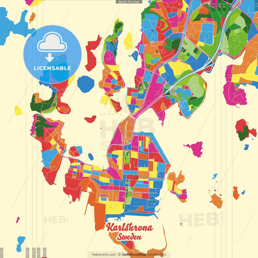 Karlskrona, Sweden Crazy Colorful Street Map Poster Template