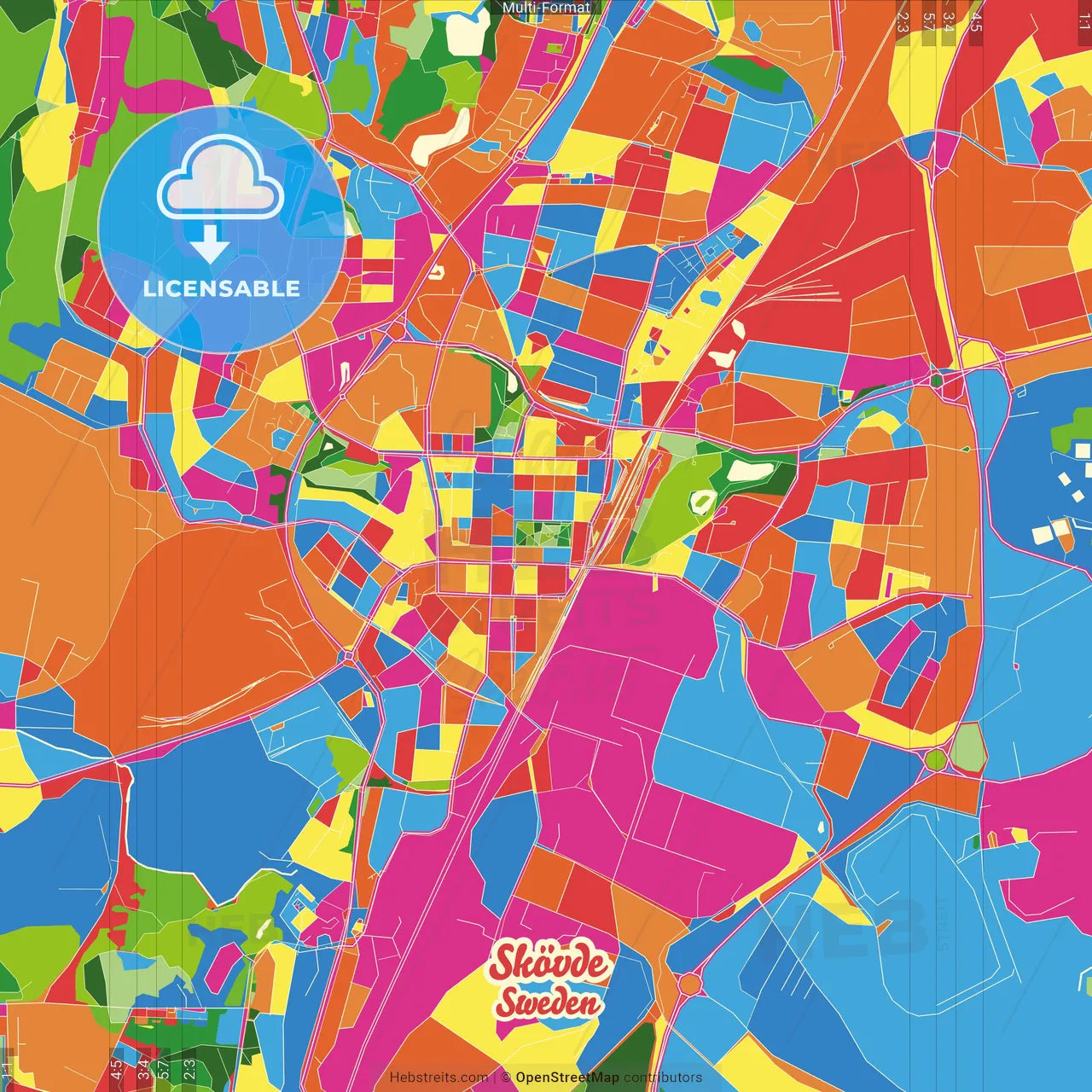 Skövde, Sweden Crazy Colorful Street Map Poster Template
