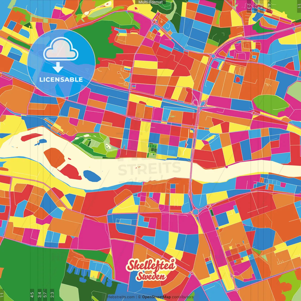 Skellefteå, Sweden Crazy Colorful Street Map Poster Template