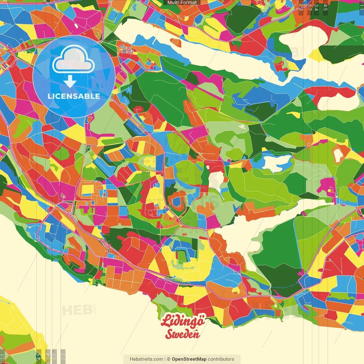 Lidingö, Sweden Crazy Colorful Street Map Poster Template